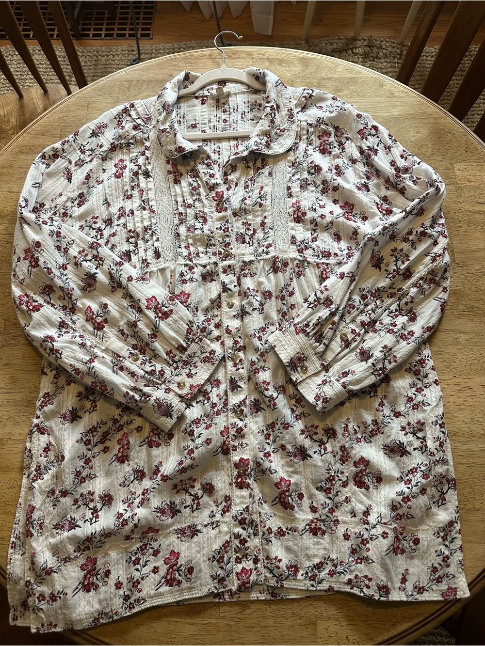 Oversized Pilcro White Button-Down Blouse with Red Floral Print Raw Edges